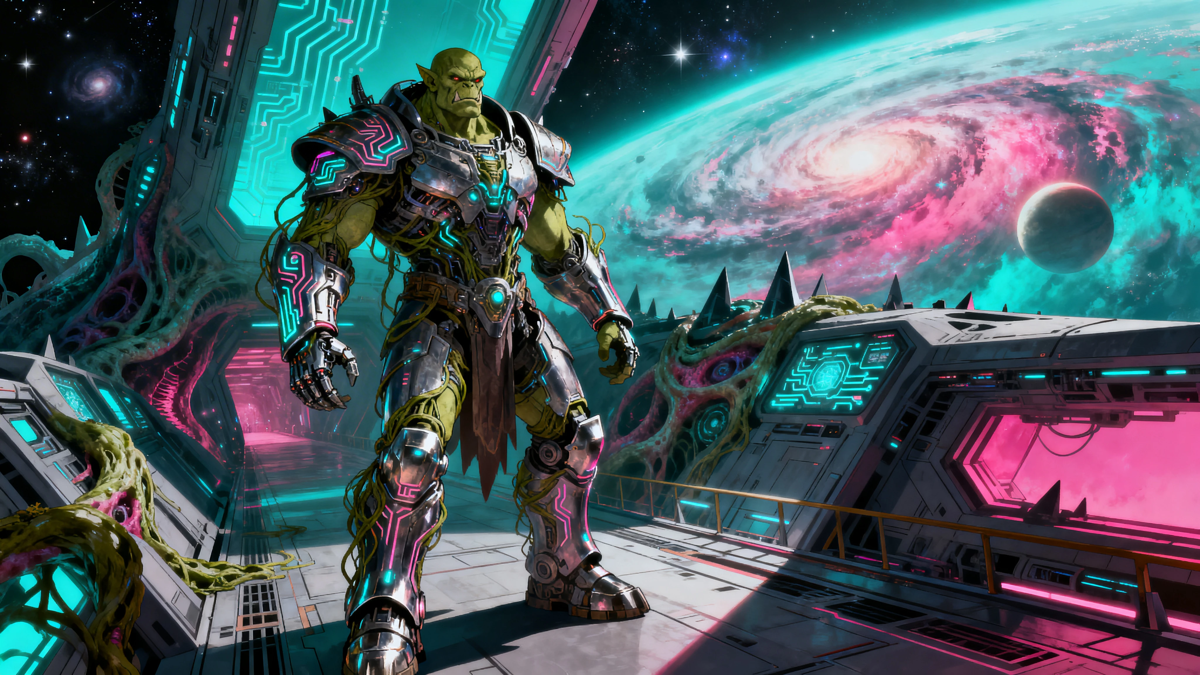 General orc na ponte de nave estelar alienígena com vista cósmica