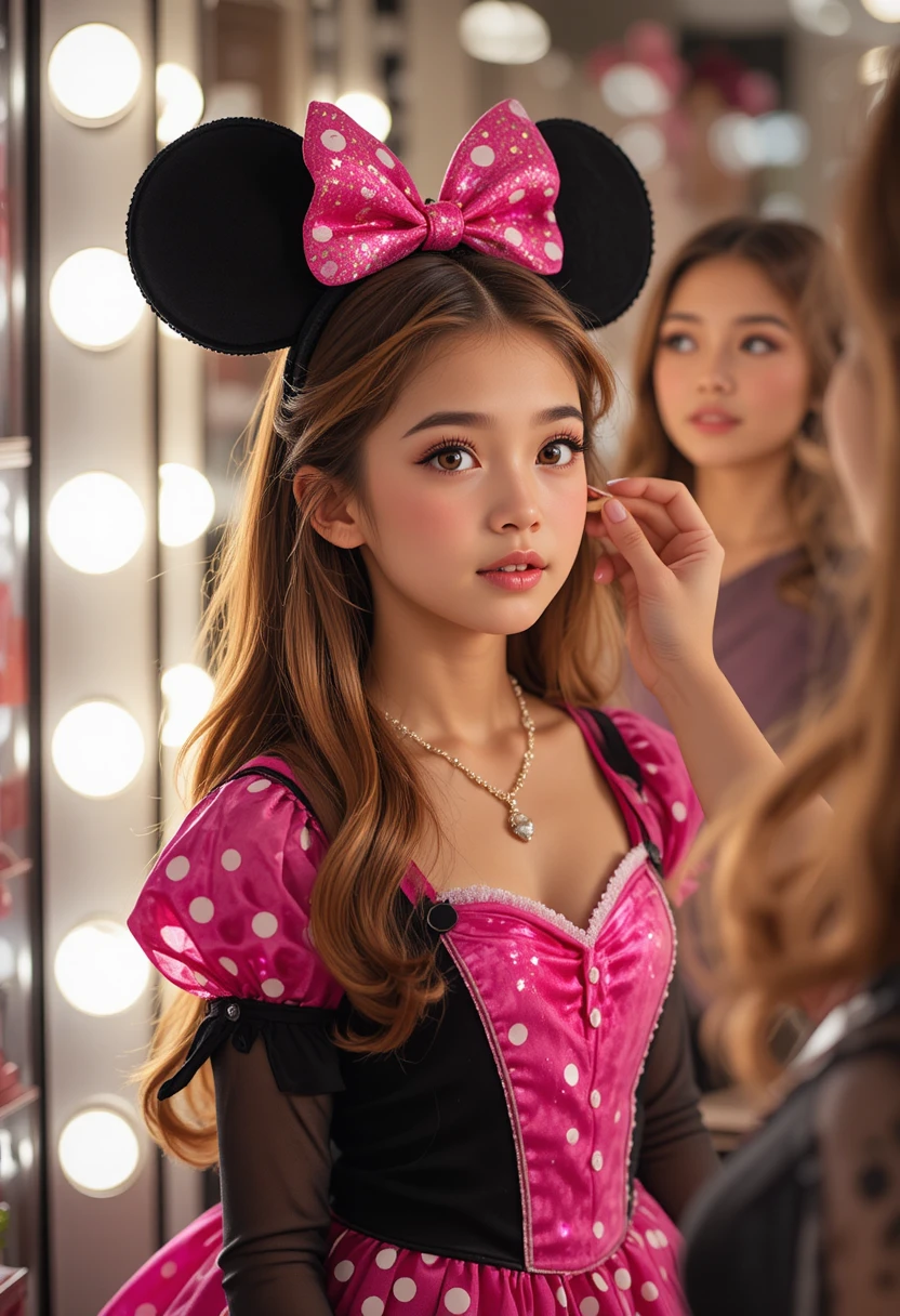 Young boy in pink Minnie dress at boutique makeup mirror