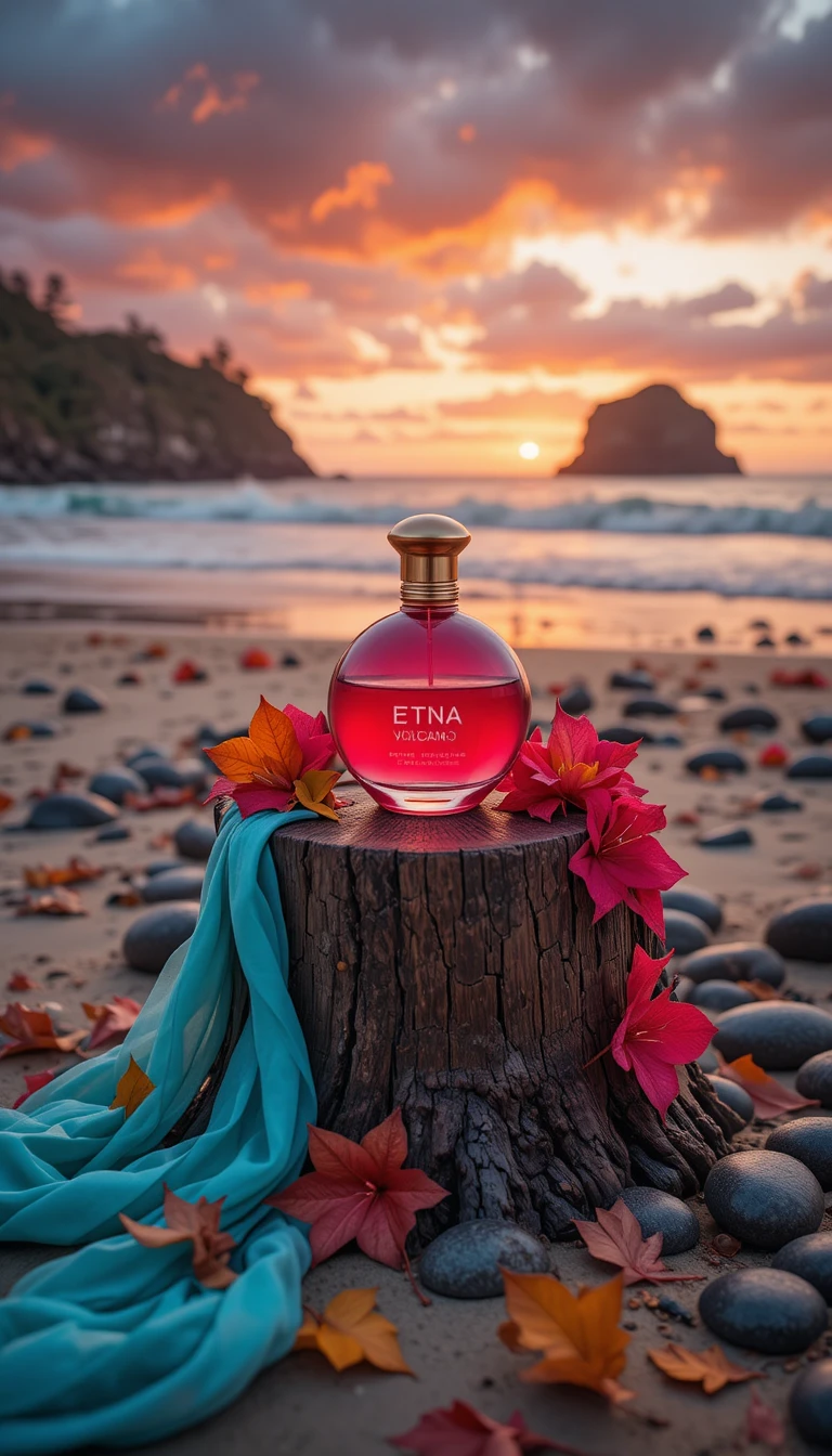 夕陽海灘上漂流木樁上的紅色香水瓶