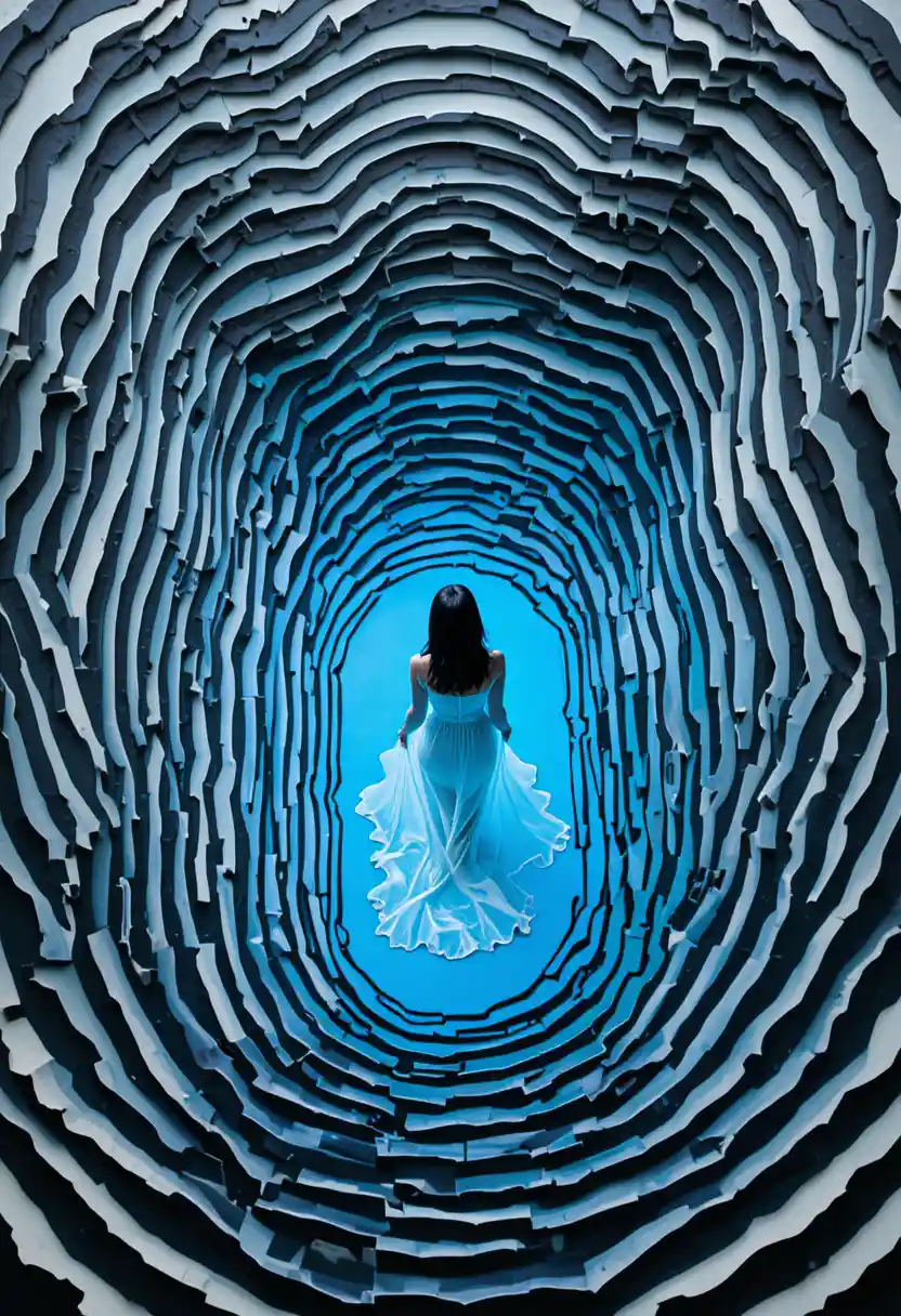 Woman in white within abstract blue optical illusion maze