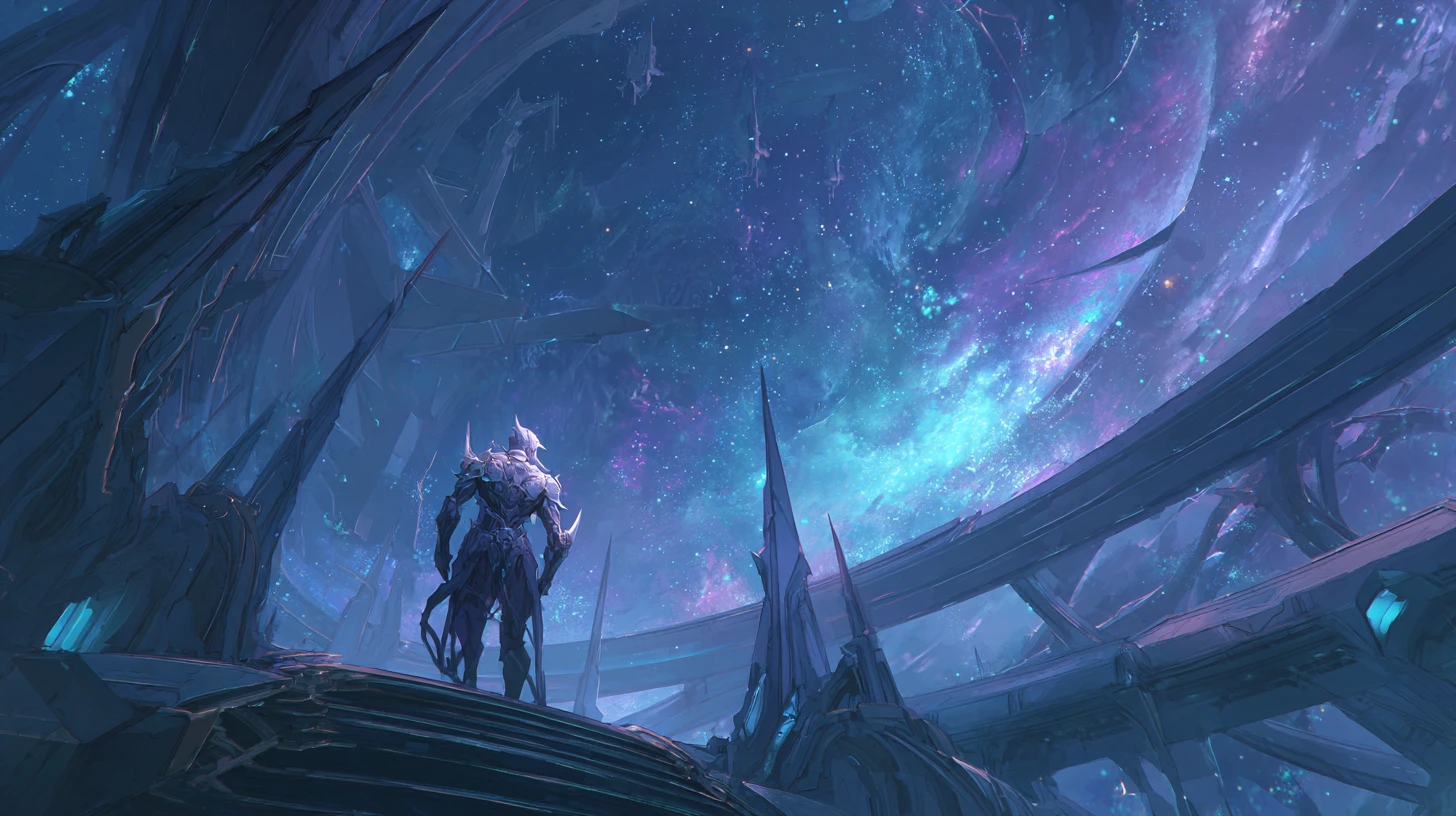 Orc general on alien starship bridge with cosmic vista