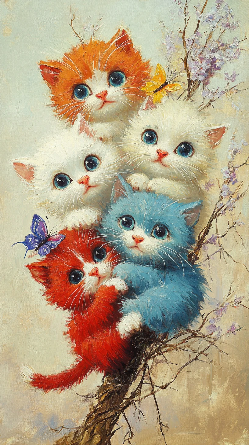 Three joyful cartoon cats with flowers and butterfly