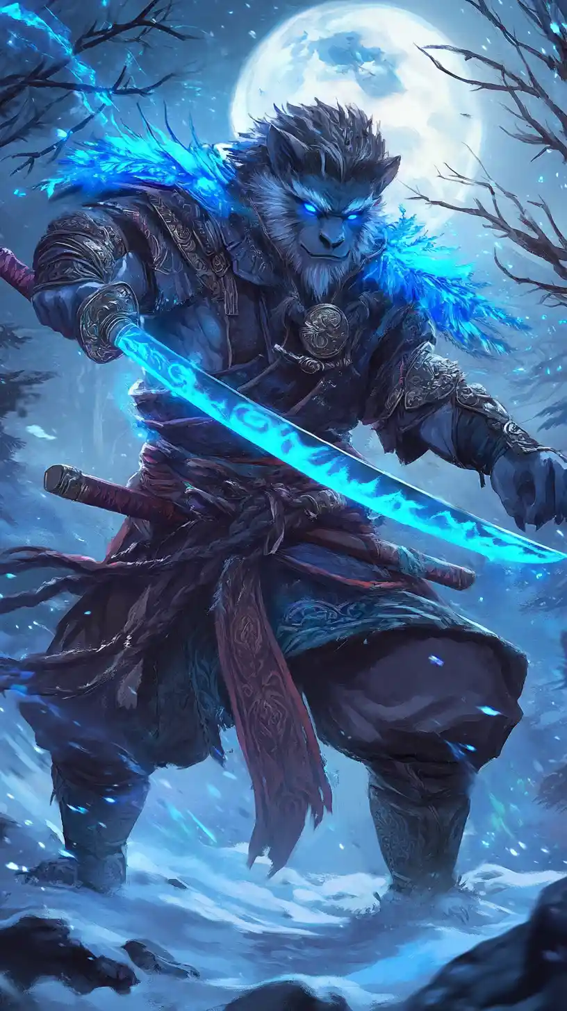 満月の下、雪の中に立つ神秘的な戦士のクリーチャー