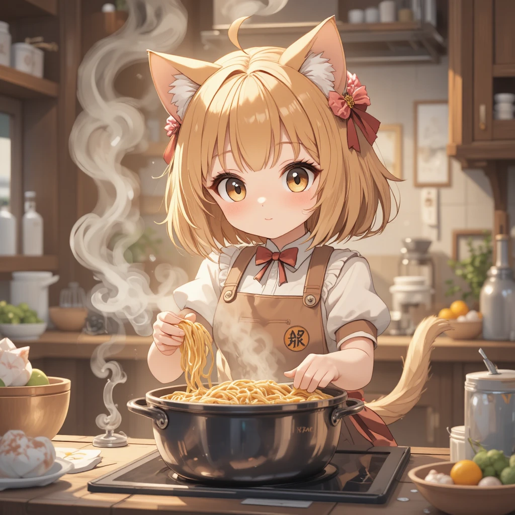 Gatinha fofa de anime cozinhando macarrão em uma cozinha aconchegante