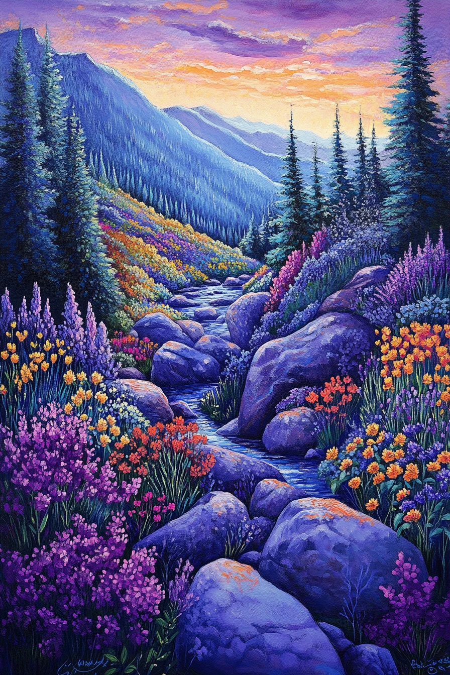 Vale de rio nas montanhas colorido com árvores e flores