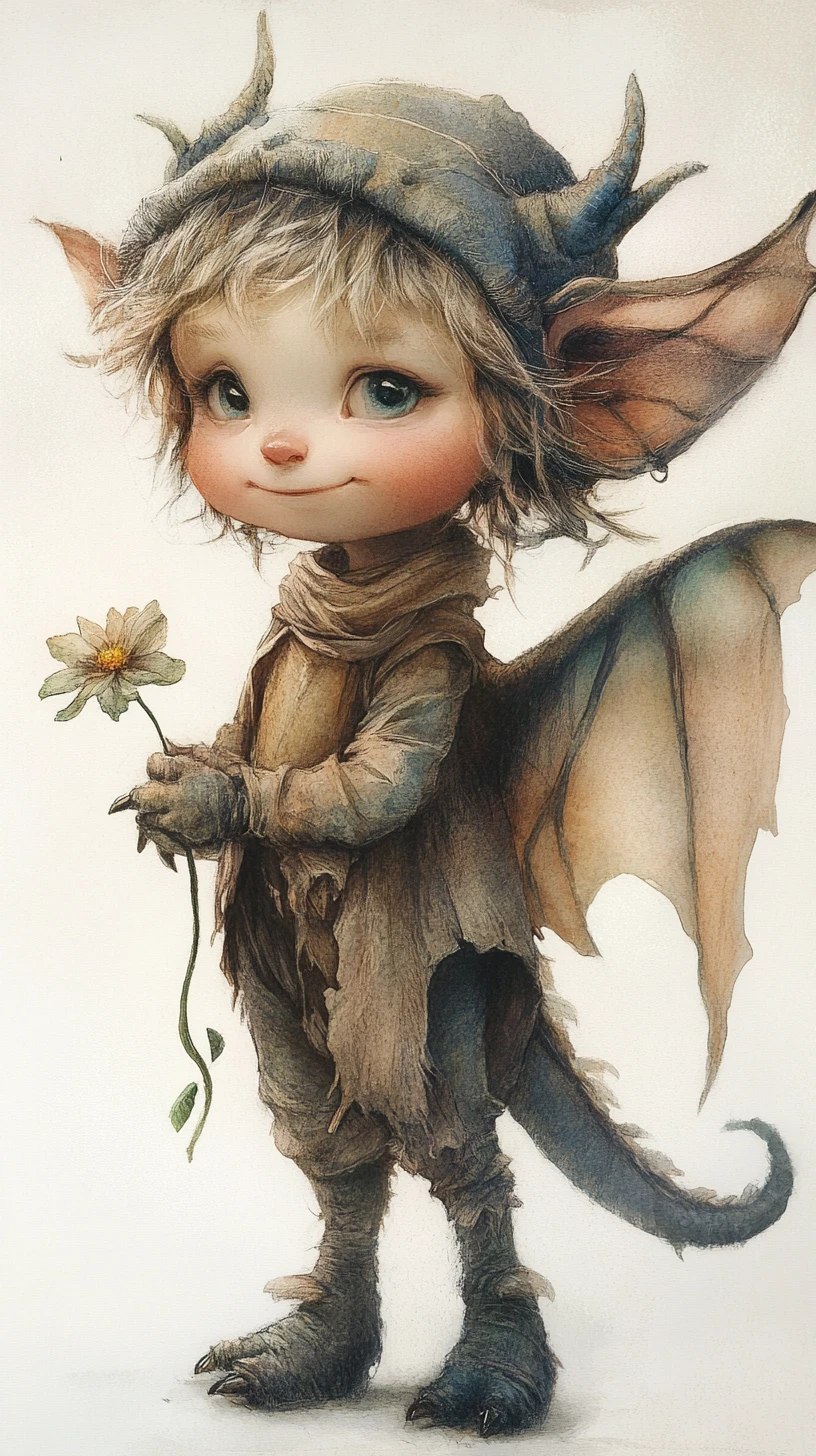 Winziger Drachen-Toddler mit Blume im sanften Aquarellstil
