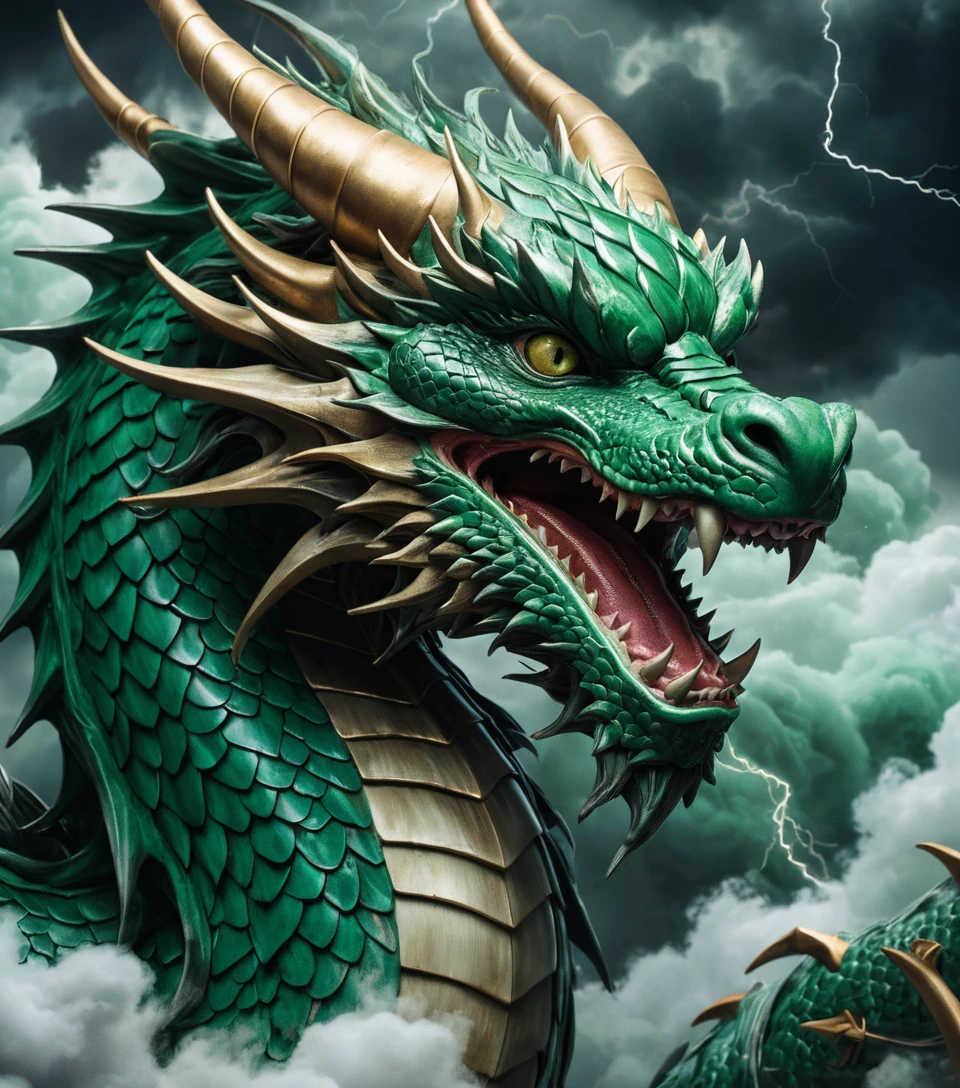 Drache, der sich im Yamato-Stil durch Sturmwolken windet – Nahaufnahme