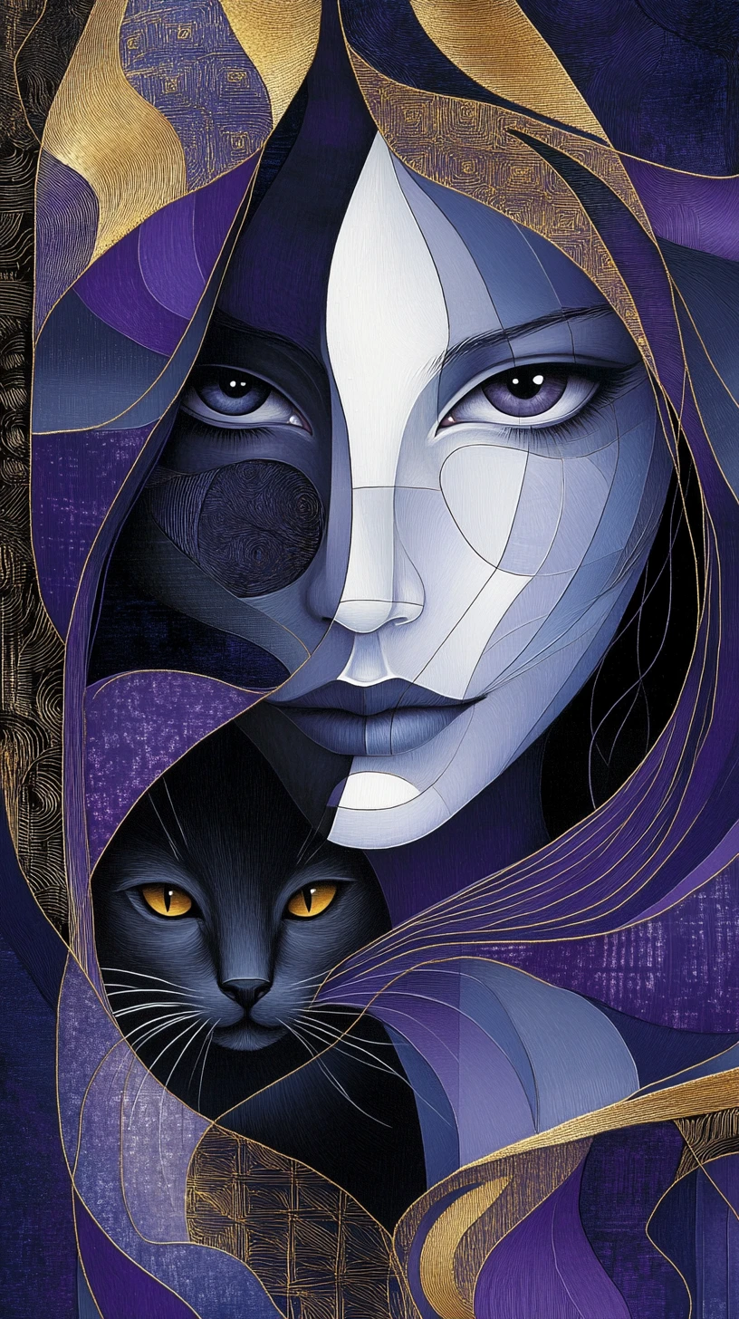 Abstract cubist woman intertwined with a sleek enigmatic cat