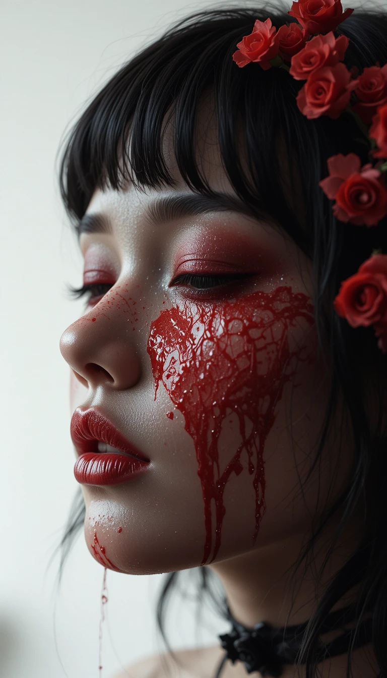 Surreal close up of a tearful rose in dramatic style