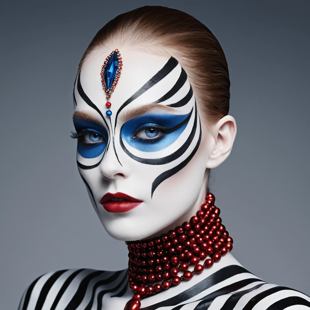 Gestreifte Gesichtskunst mit metallic Glam und stechend blauen Augen