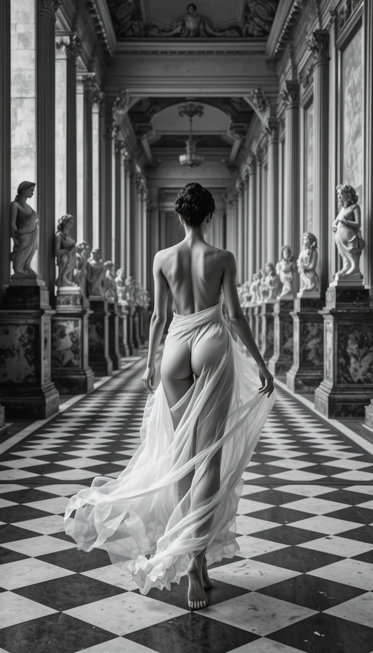 Woman walking barefoot through a classical marble sculpture gallery