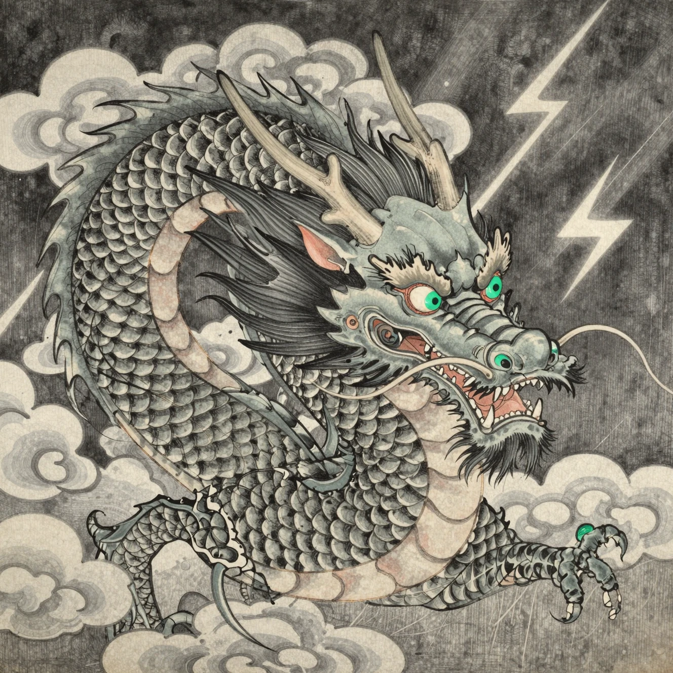 Japanischer Drache, der sich aus der Nähe durch Sturmwolken windet