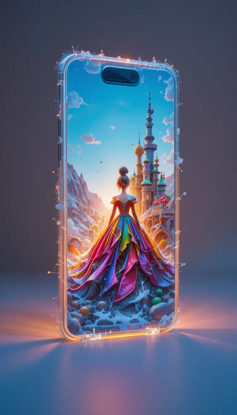 Girl in flowing ball gown within colorful 3D projection