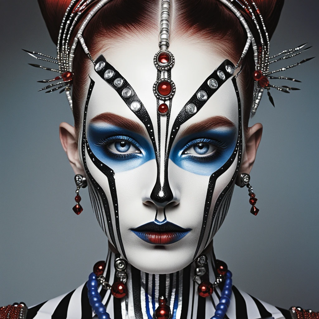 Avantgardistisches gestreiftes Gesicht mit metallischen Glam-Details
