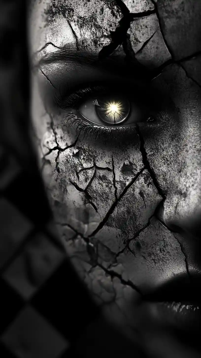 Surreal close up of cracked woman with glowing eye