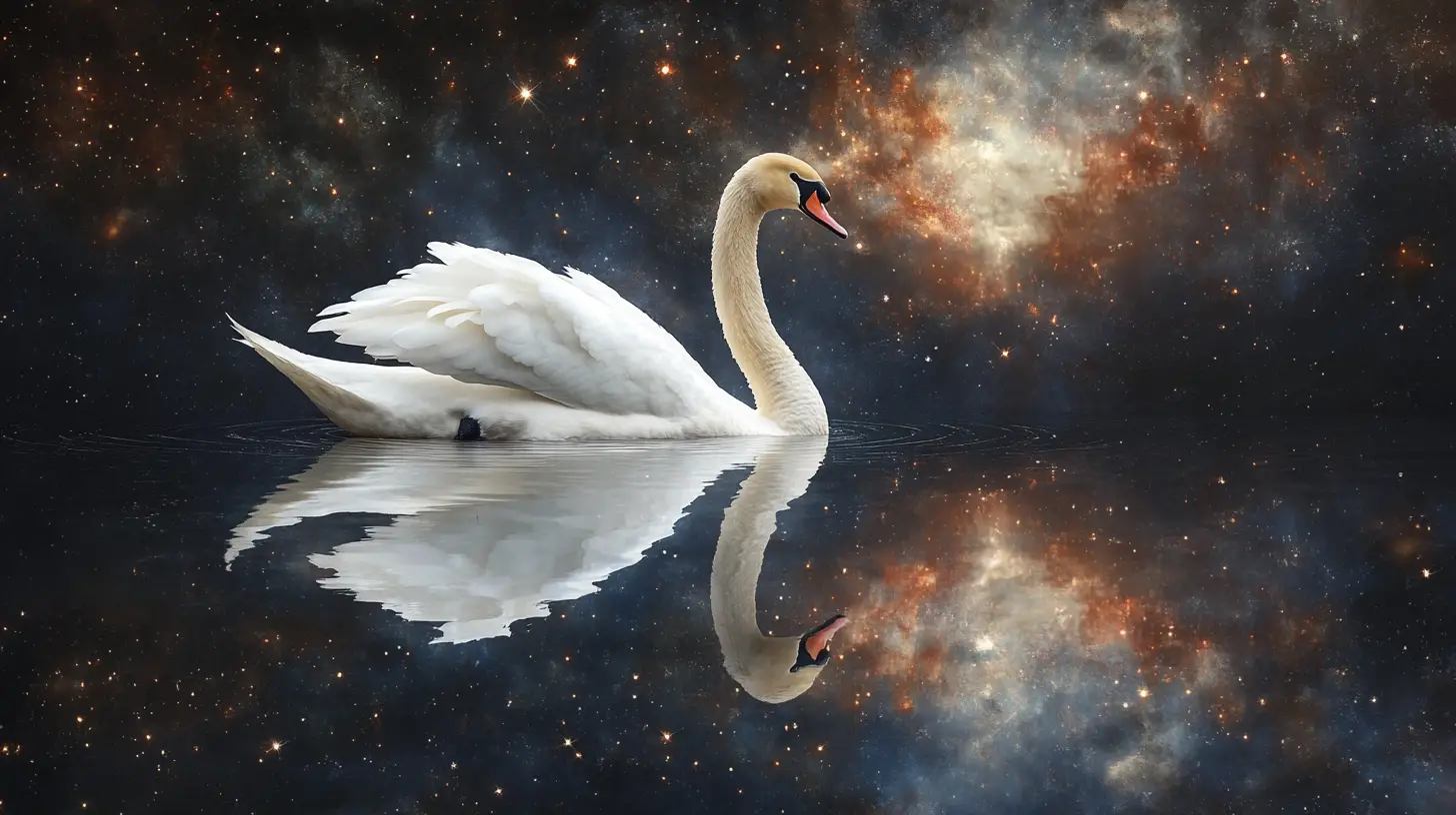 優雅天鵝滑行於超現實的星空鏡面水上