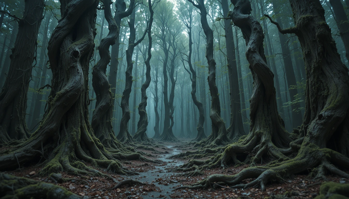 Oppressive forest of twisted human like trees and bodies