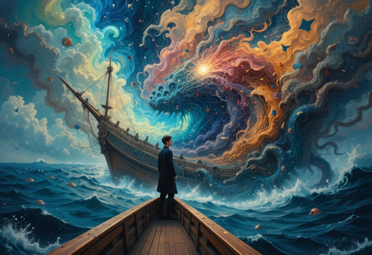 Jovem poeta em pé no convés de um navio majestoso