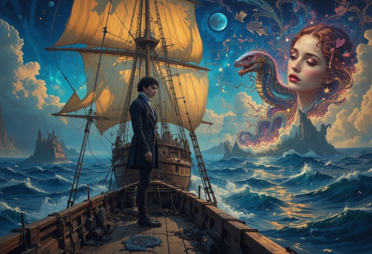Jovem poeta no convés de um majestoso navio antigo