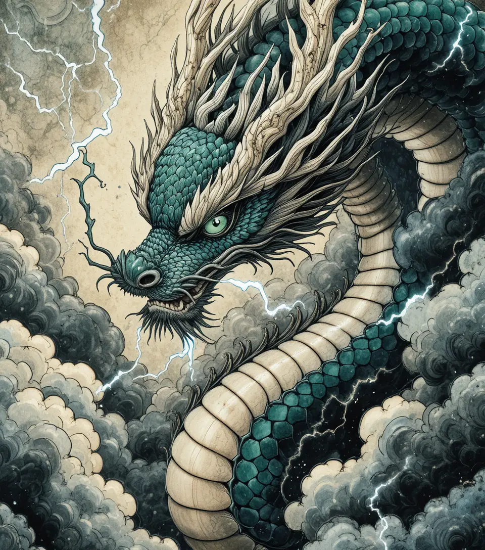 Tinten­drache, der sich mit grünen Augen durch Sturmwolken windet