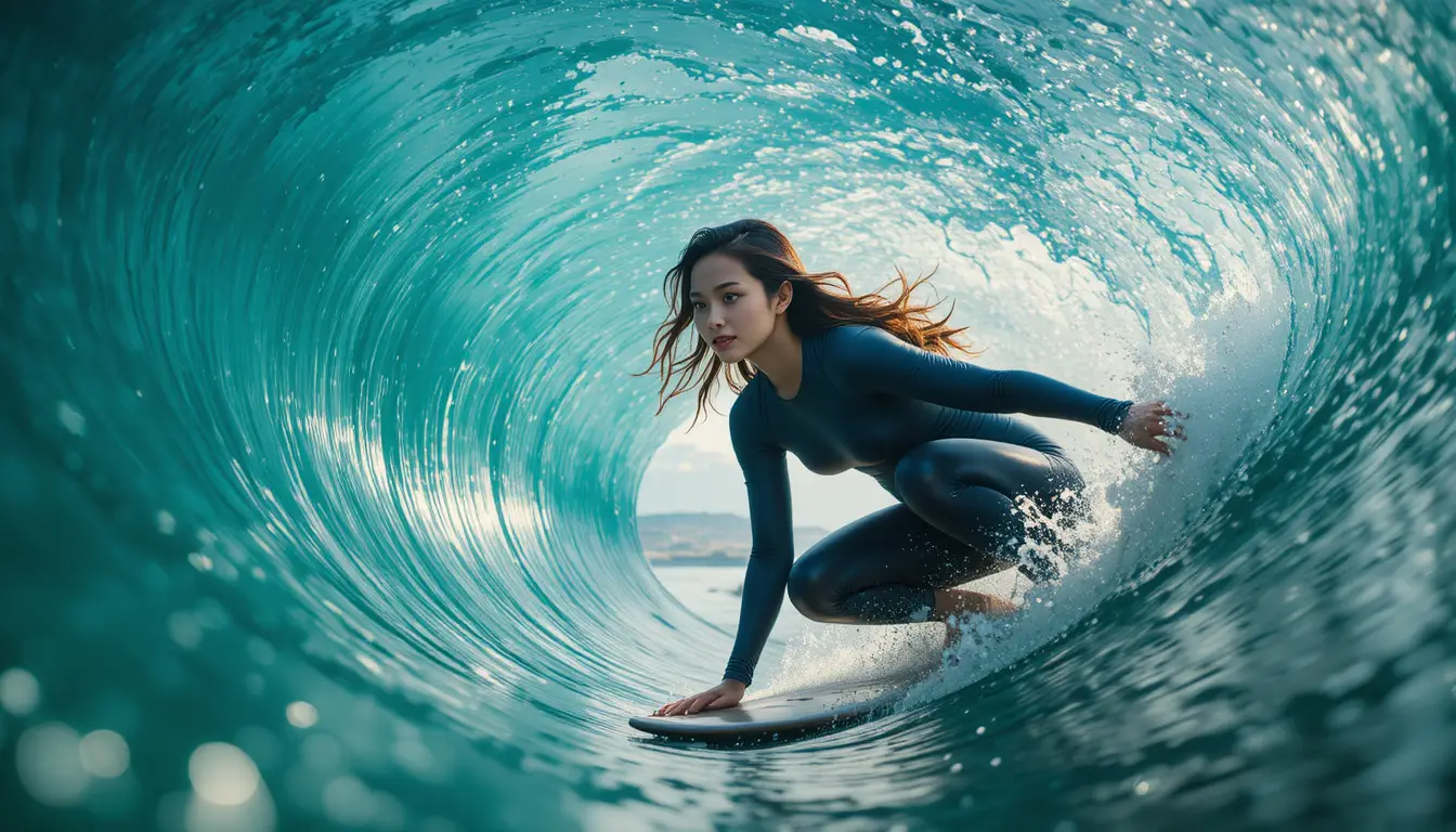 衝進碧綠海浪管中的女衝浪者