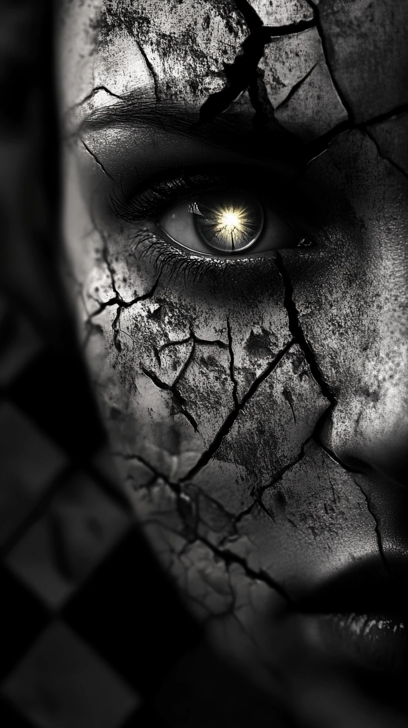 Surreal close up of cracked woman with glowing eye