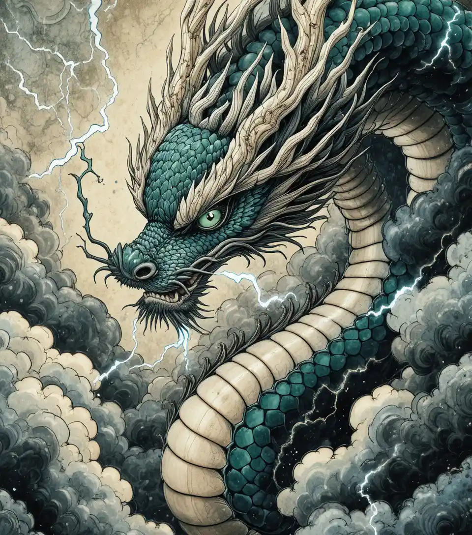Tinten­drache, der sich mit grünen Augen durch Sturmwolken windet