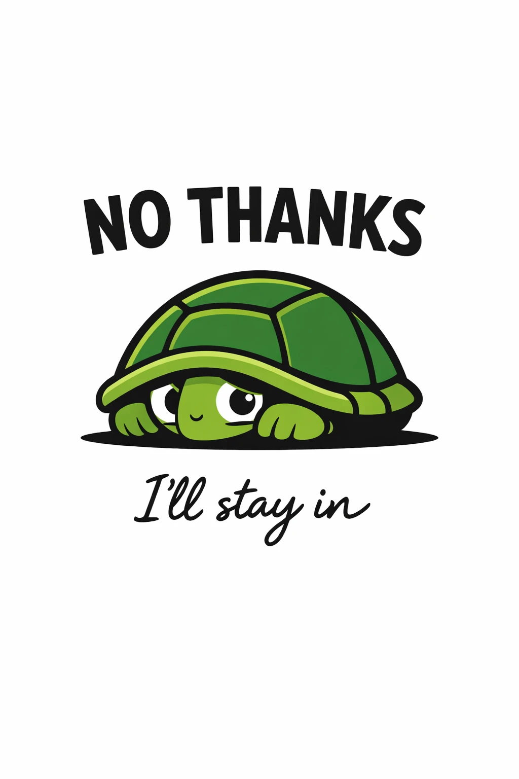 Minimalistische Schildkröten-Illustration mit fettem „No Thanks“-Text