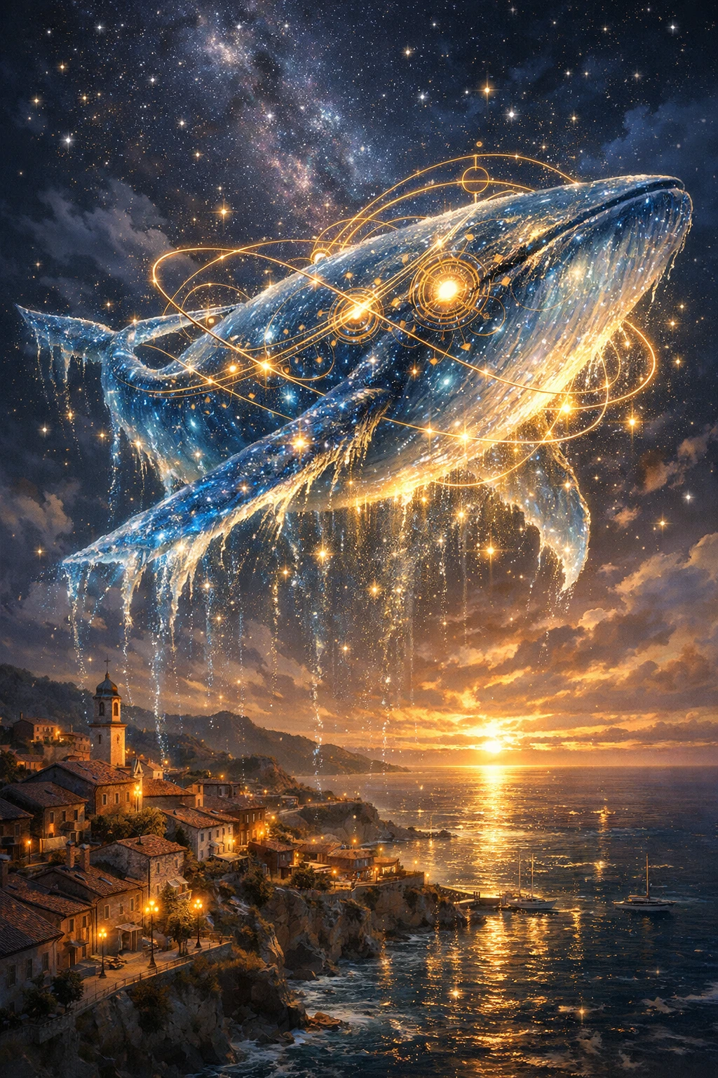 Baleia celestial de água e estrelas sobre cidade costeira