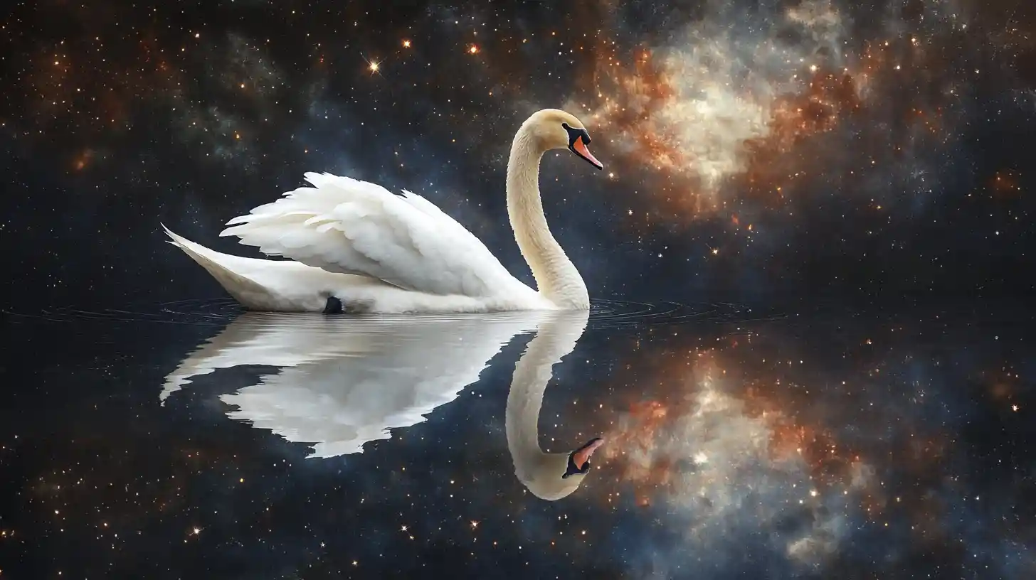 Elegant swan gliding on surreal reflective celestial water