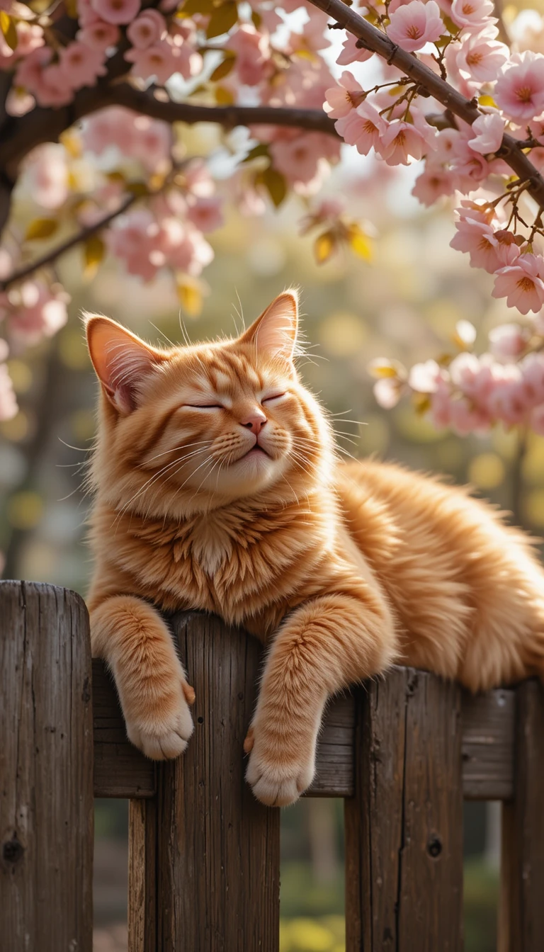 Gato ruivo contente descansando em uma cerca de madeira na primavera
