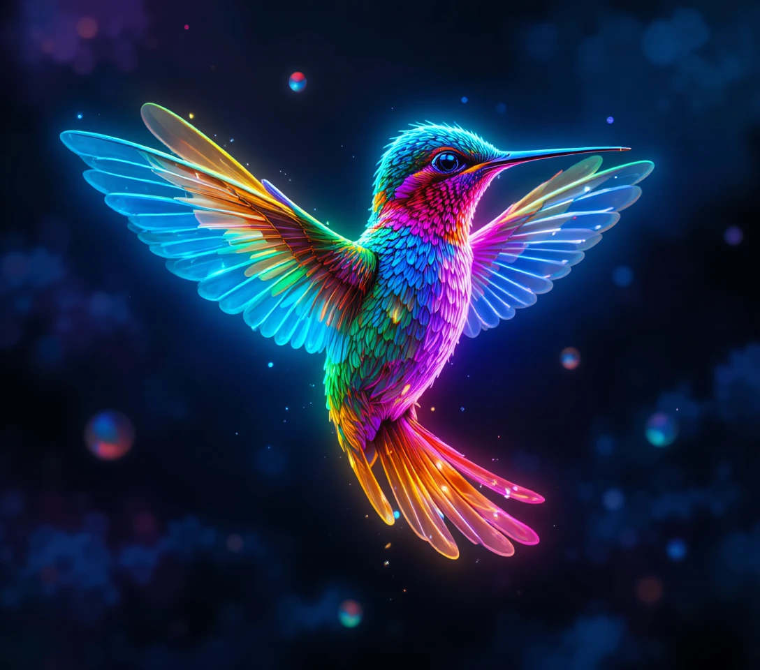 Beija-flor neon colorido em um fundo escuro e brilhante