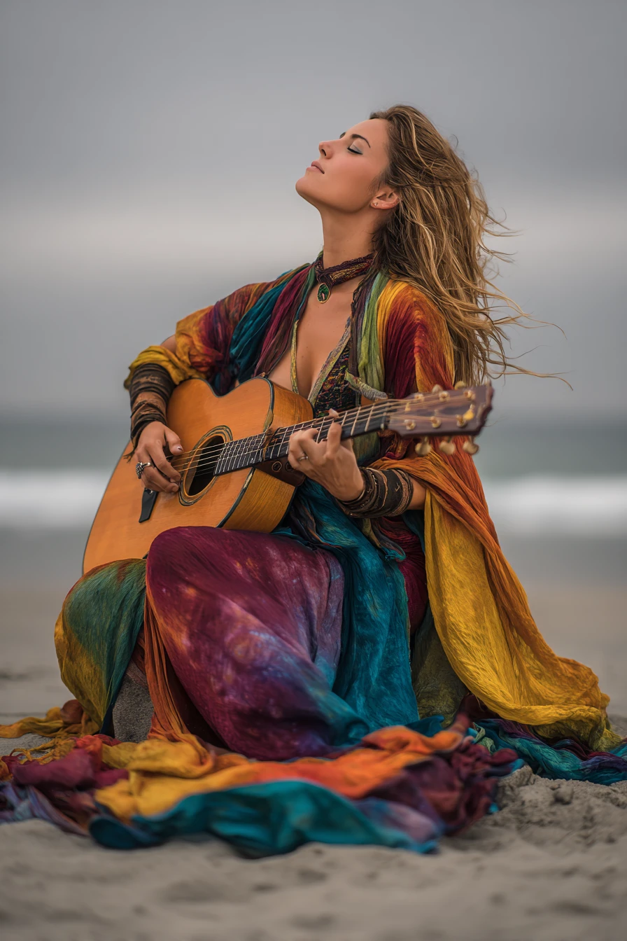 Frau spielt Gitarre am windigen Strand in einem fließenden Kleid
