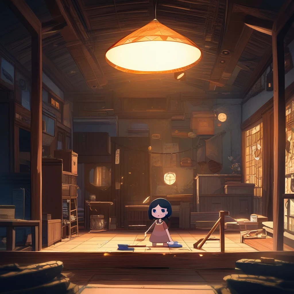 3D village girl doing chores in a small rustic home
