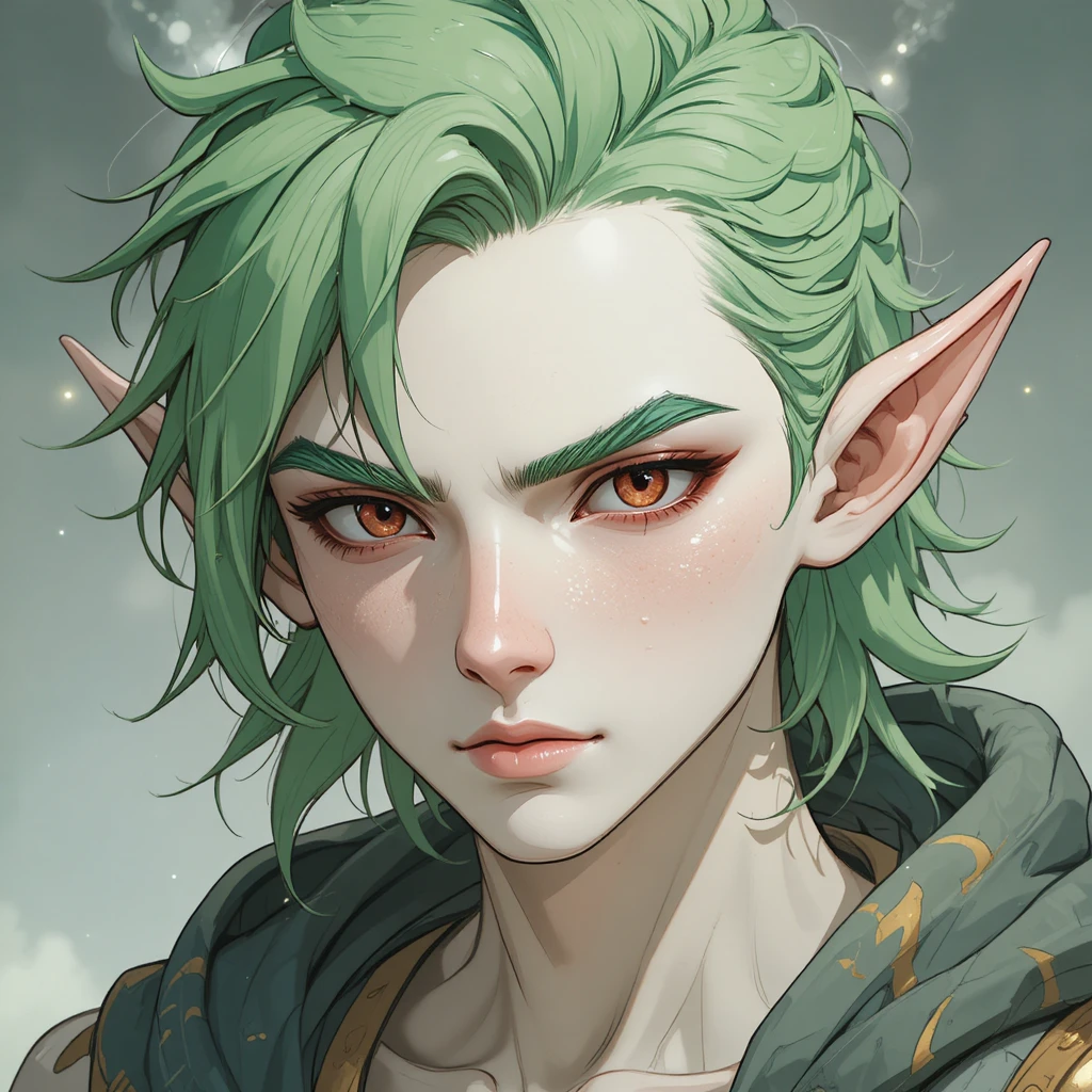 Young ivory skinned fantasy man with red eyes and green hair