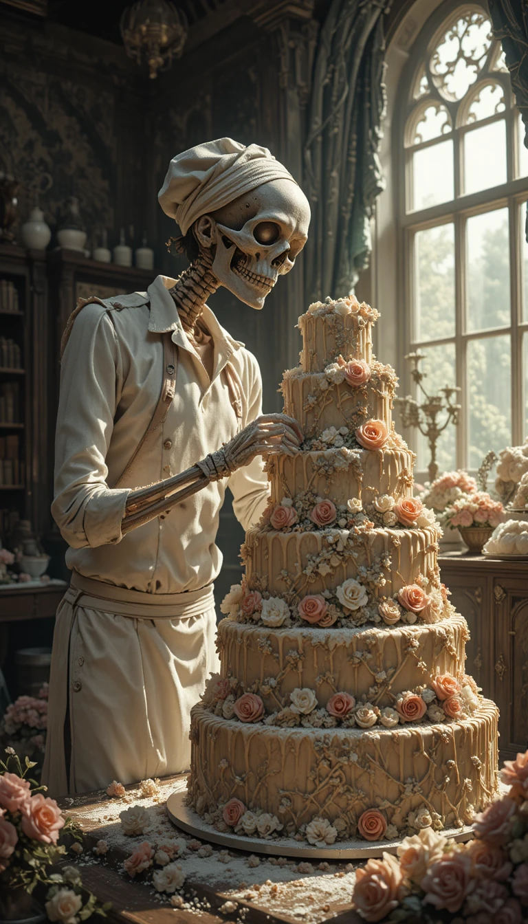 Boulanger squelette décorant un gâteau à étages en plein soleil