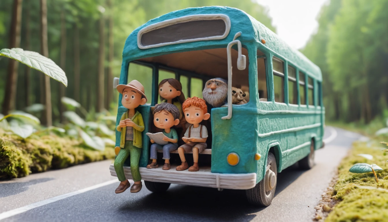 Divertidos personagens de argila viajando de ônibus por uma rodovia de verão