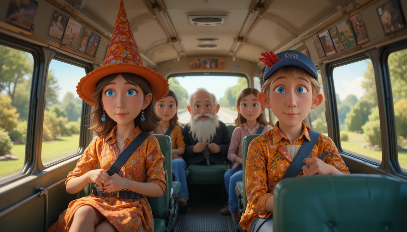 Playful clay characters riding a bus on a summer highway