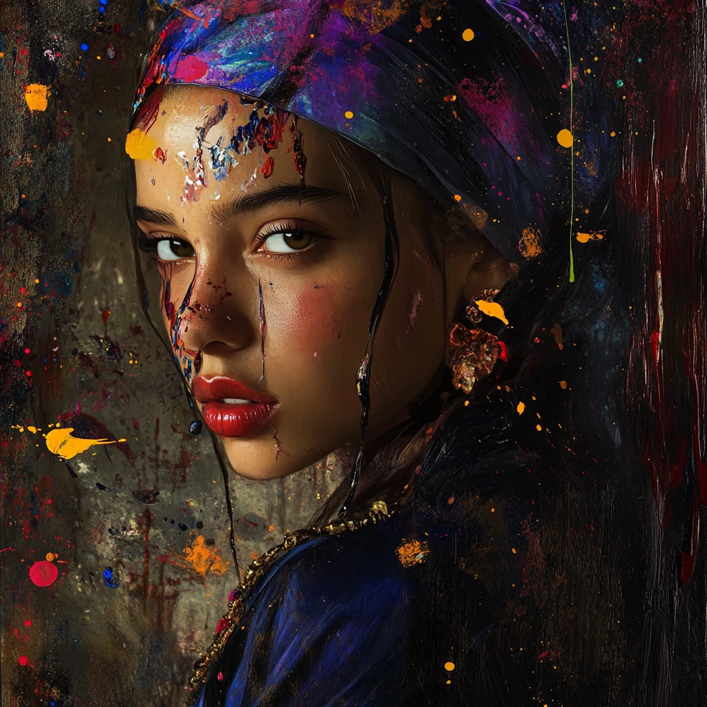 Surreal digital oil portrait of girl with pearl earring
