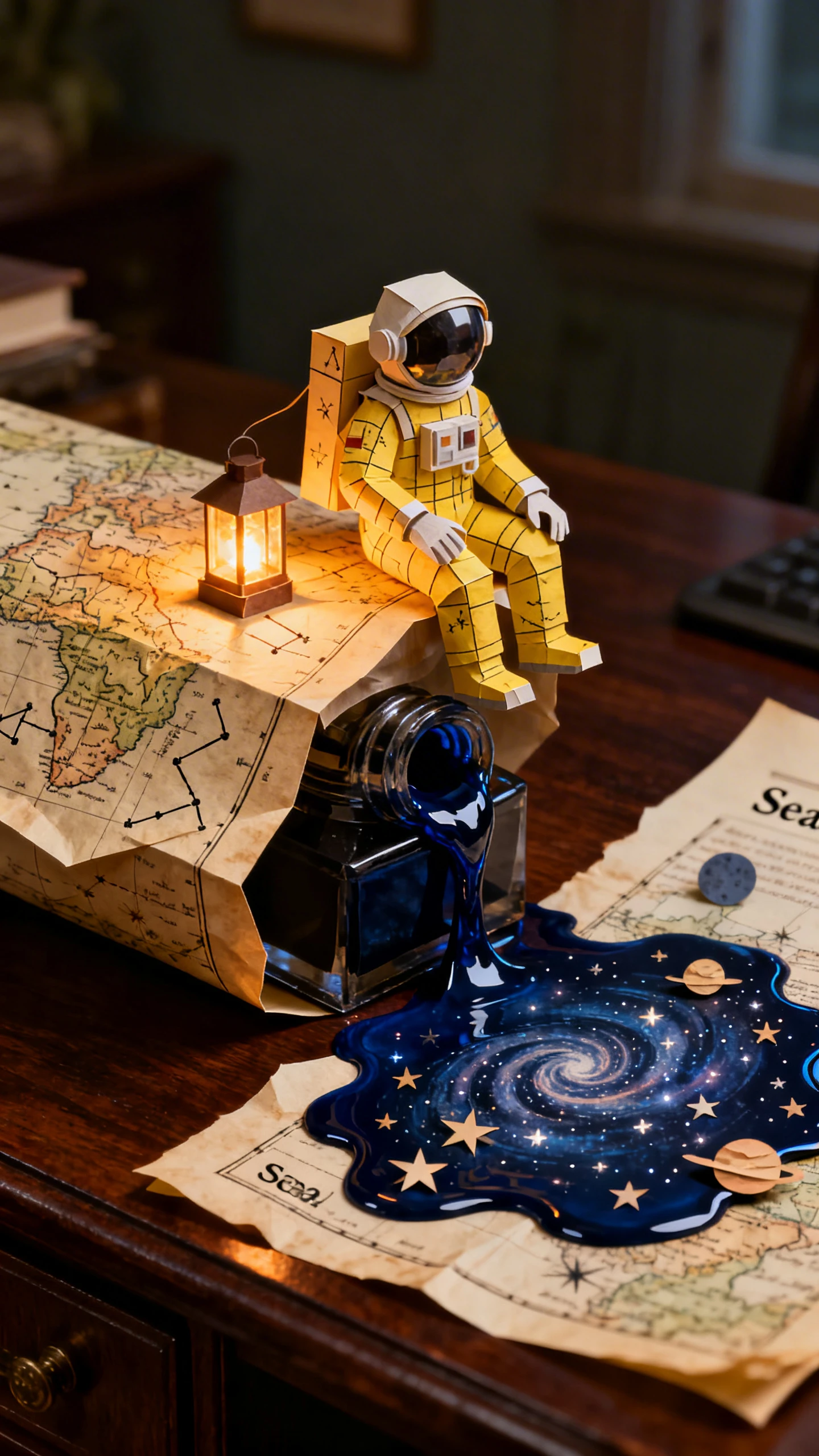 Astronauta de papel em miniatura ao lado de uma galáxia de tinta derramada