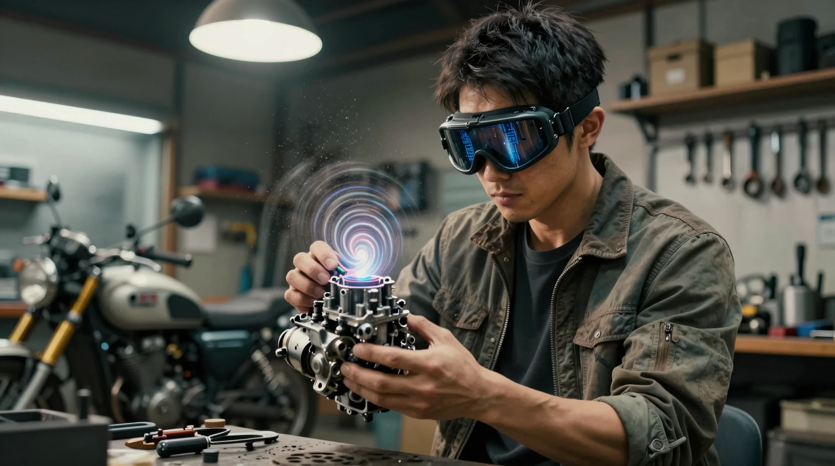 魔法のゴーグルをつけた日本人メカニックのバイク工房シーン