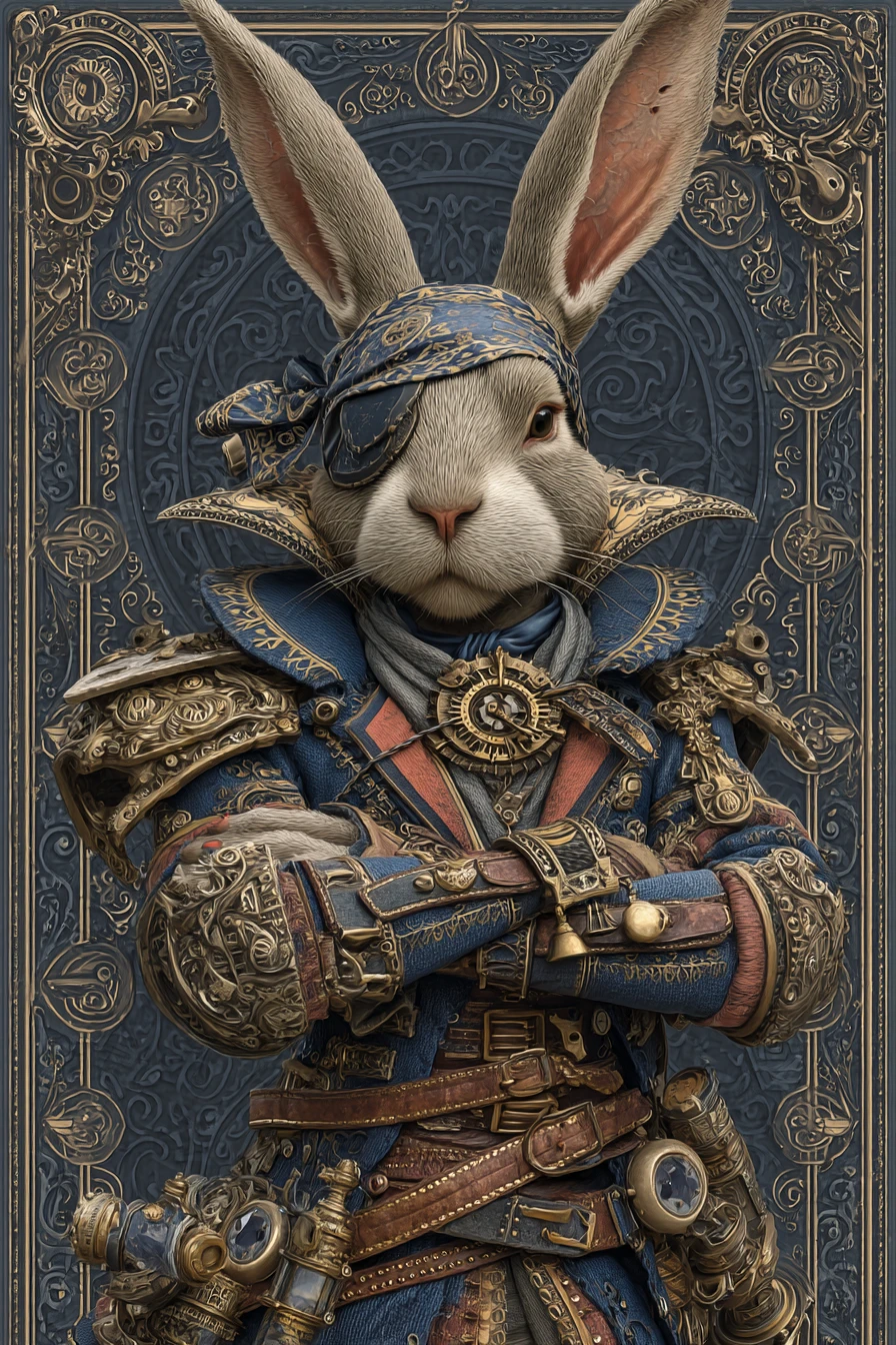 Gerahmter Steampunk-Wüstenfuchs-Kapitän mit verschränkten Armen