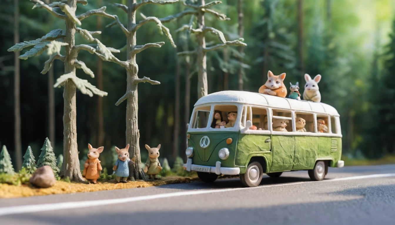 Personagens de argila brincalhões em um ônibus na rodovia de verão