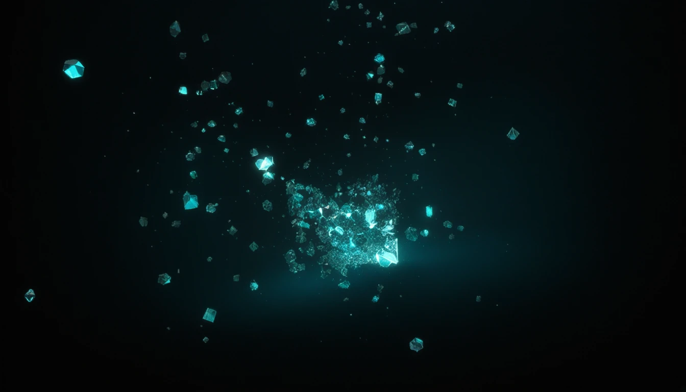 Frammenti di cristallo blu fluttuanti in uno spazio astratto oscuro