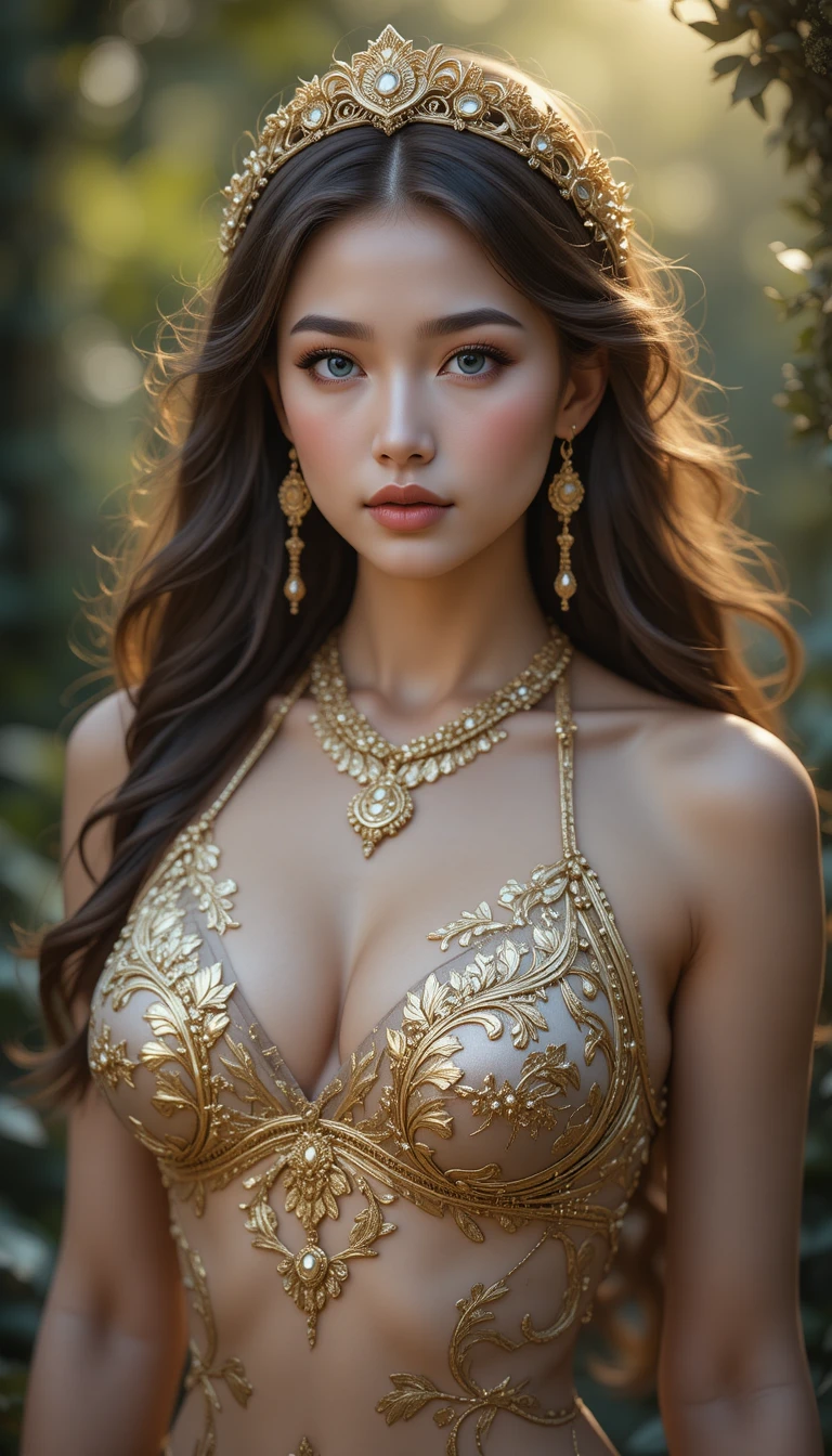Elegant fantasy brunette in ornate gold bikini portrait