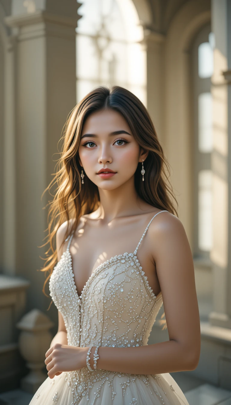 明亮自然光下穿著合身禮服的開朗新娘