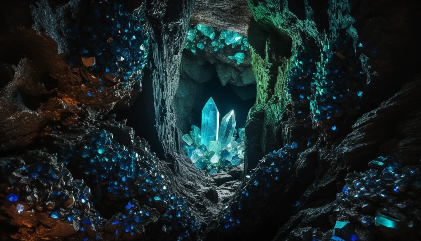 Cristaux bleus et verts lumineux dans une chambre de grotte sombre