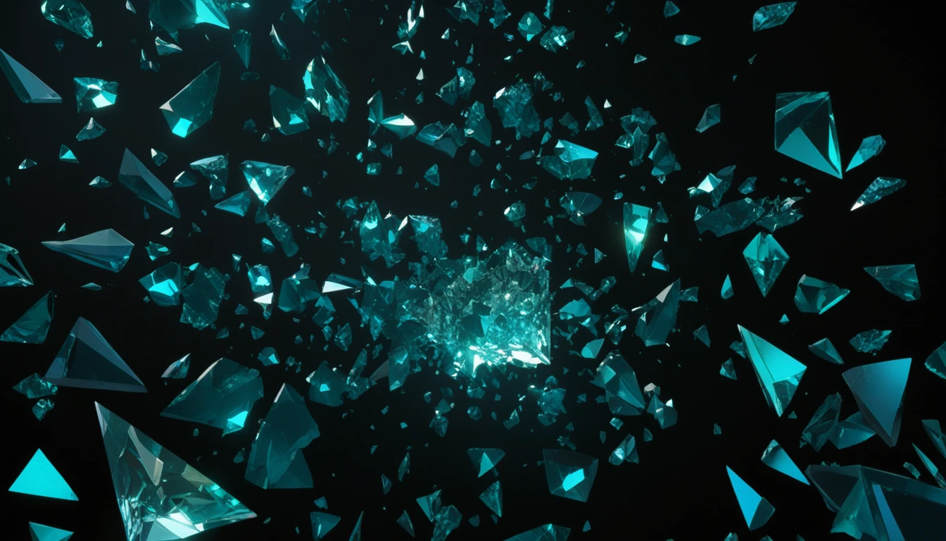 Schegge di cristallo blu fluttuanti in uno spazio astratto oscuro