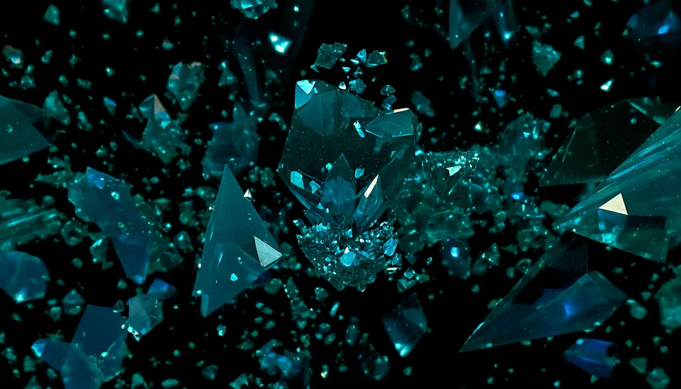 Éclats de cristal bleu flottant dans un espace abstrait sombre