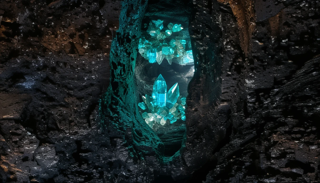 Cristaux bleus et verts lumineux à l’entrée d’une grotte sombre
